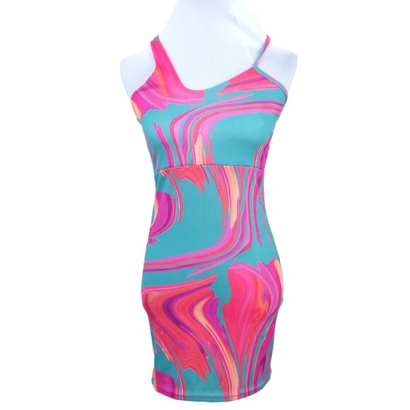 NEW PRETTYLITTLETHING Pink Marble Rib Bodycon Dress US 8 Blue Abstract Print - Picture 3 of 10